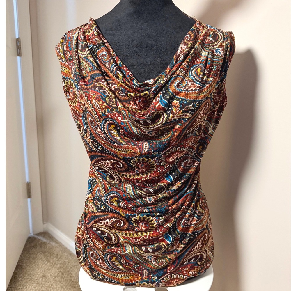 Y2K Jennie & Marlis Brown Paisley Boho Blouse Cowl Neck Top Fairy 90s Size S